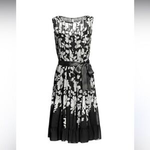 Teri Jon Black White Striped Floral Midi Dress Size 8 Sleeveless Ruffle Hem